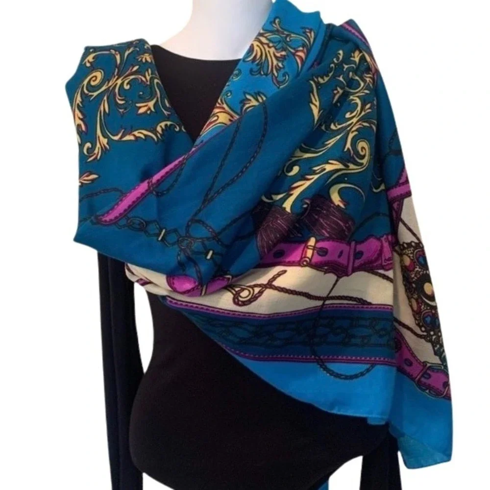 Equestrian Baroque Print Oversized Square Scarf Teal Blue Pink Belt Chain Tassel